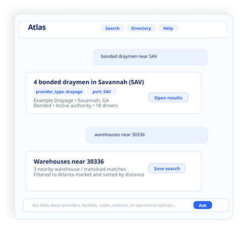 Atlas AI assistant showing search and operational answers